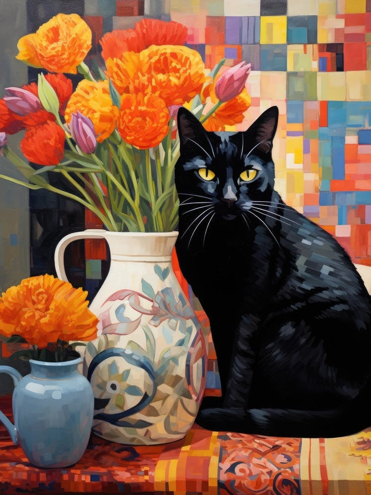Black Cat With Flowers 4