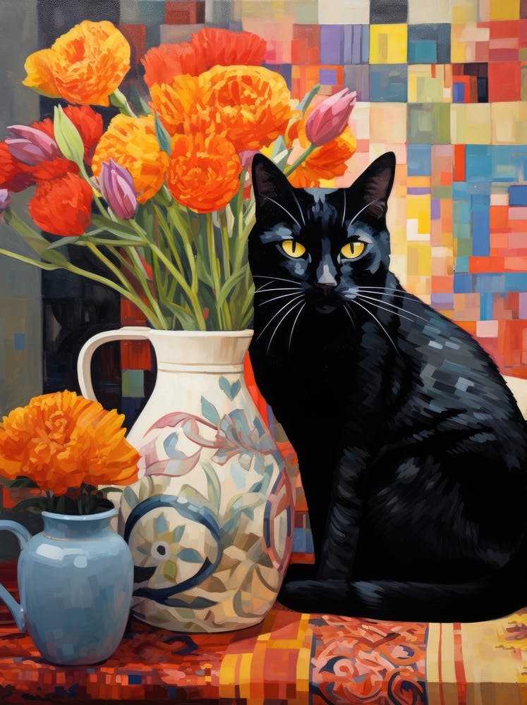 Black Cat With Flowers 4