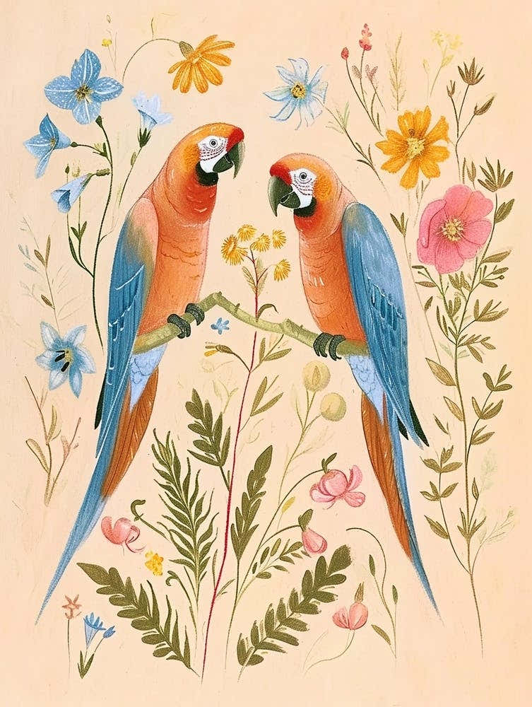 Folksy Floral Animal Drawing Macaw 2