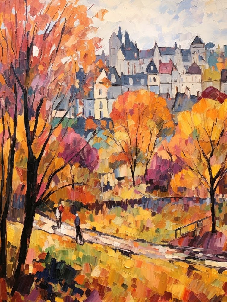 Autumn City Park Painting Parc Des Buttes Chaumont Paris France 2