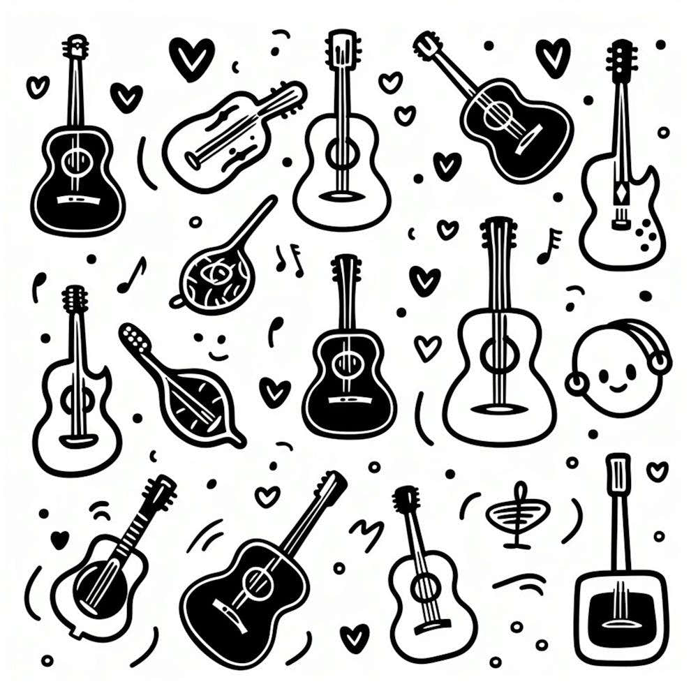 A Minimalistic Vector Icon Set Of Guitar, Black On White, Handdrawn Doodle Icon