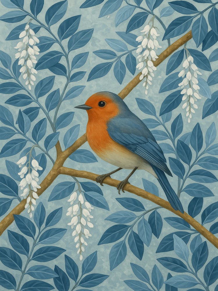 Robin Bird Wall Art - Blue Botanical Digital Print - Nature Watercolor Poster