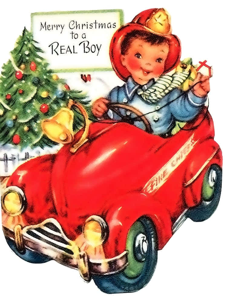 Little Boy In His New Toy A Fire Track, Christmas Greeting