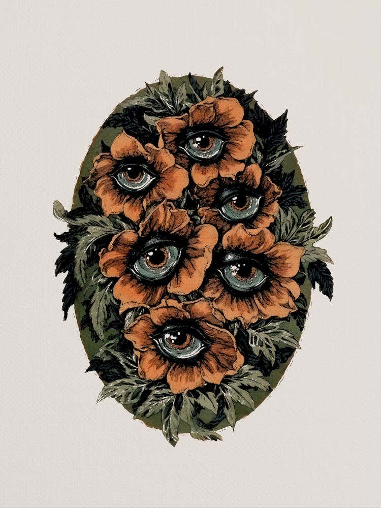 Surreal flowers with eyes in muted warm colors, dark cottagecore aesthetic botanical ink illustration in the style of vintage etching perfect for moody interiors, surrealist gothic art dark academia living rooms
