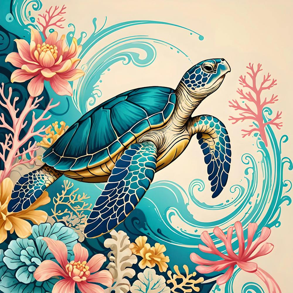 The Sea Turtle, Turquoise, Blue, Yellow and Pink