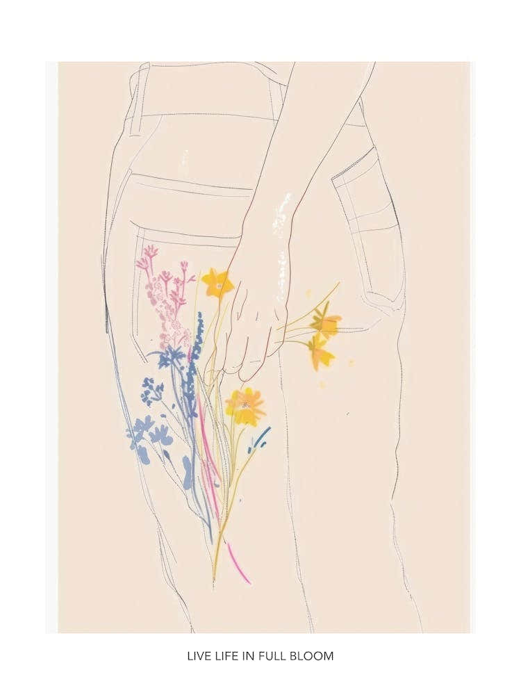 Live Life In Full Bloom Poster Blue Jeans Line Art Flowers 8