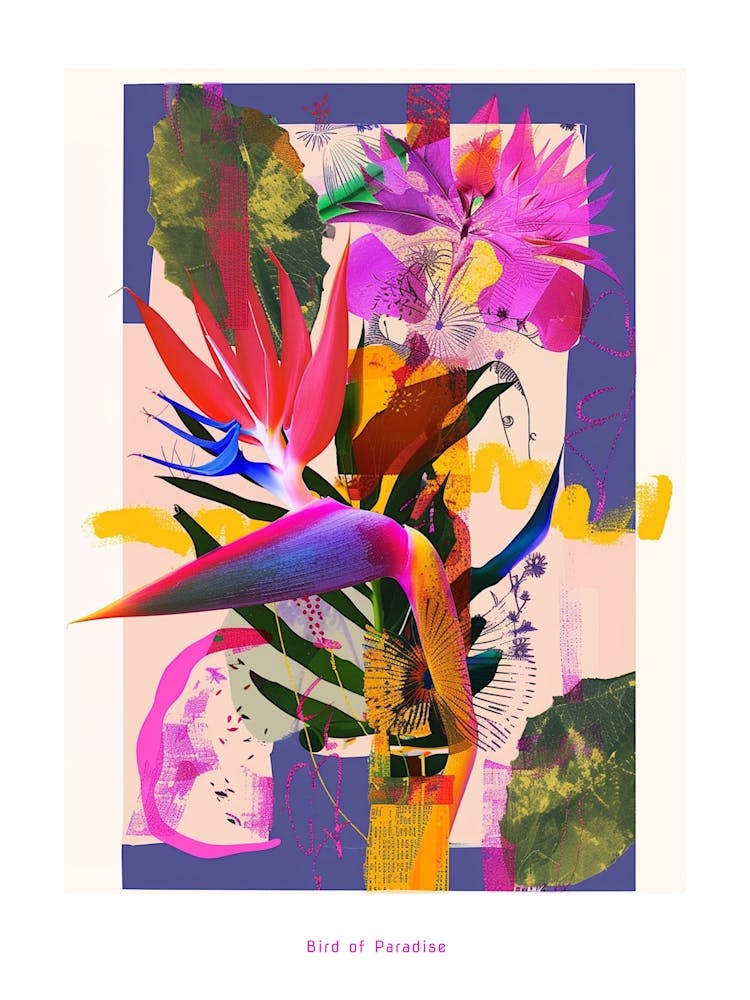 Bird Of Paradise 1 Neon Flower Collage Poster