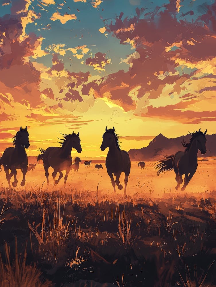 Horses Running At Sunset. Generated AI.