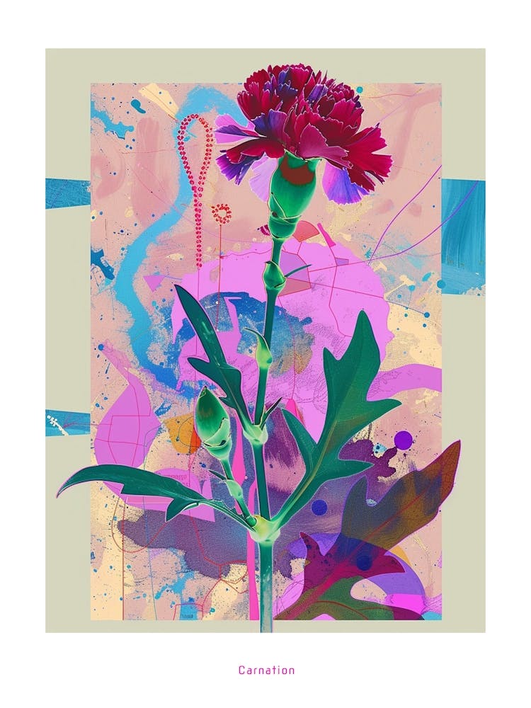Carnation (Dianthus) 4 Neon Flower Collage Poster