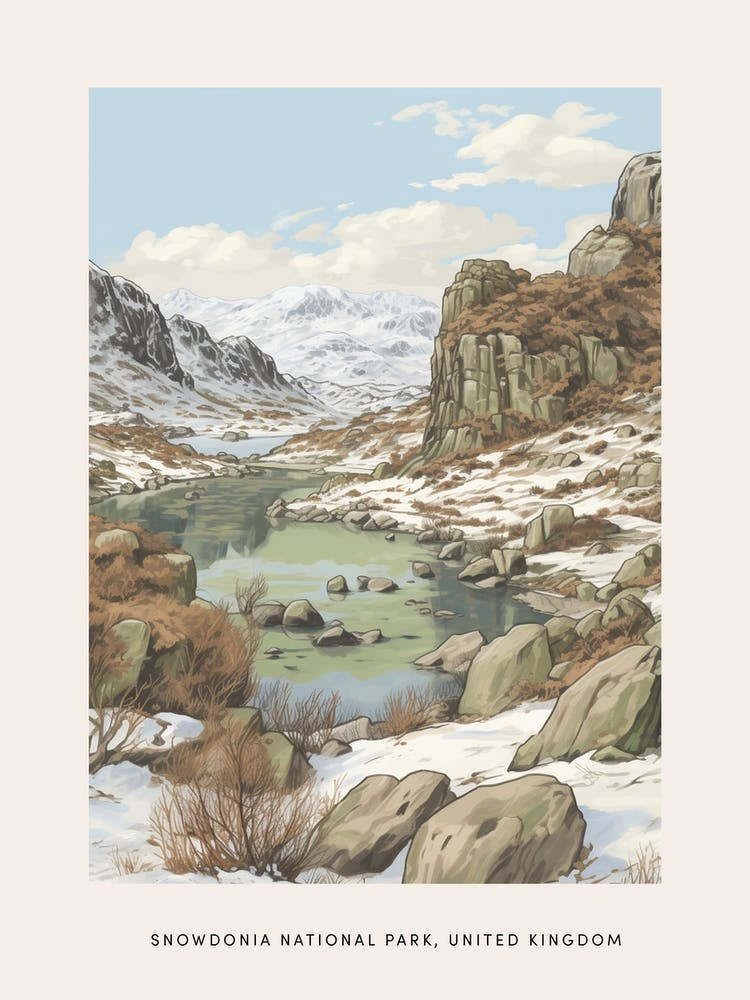 Vintage Winter Poster Snowdonia National Park United Kingdom 1