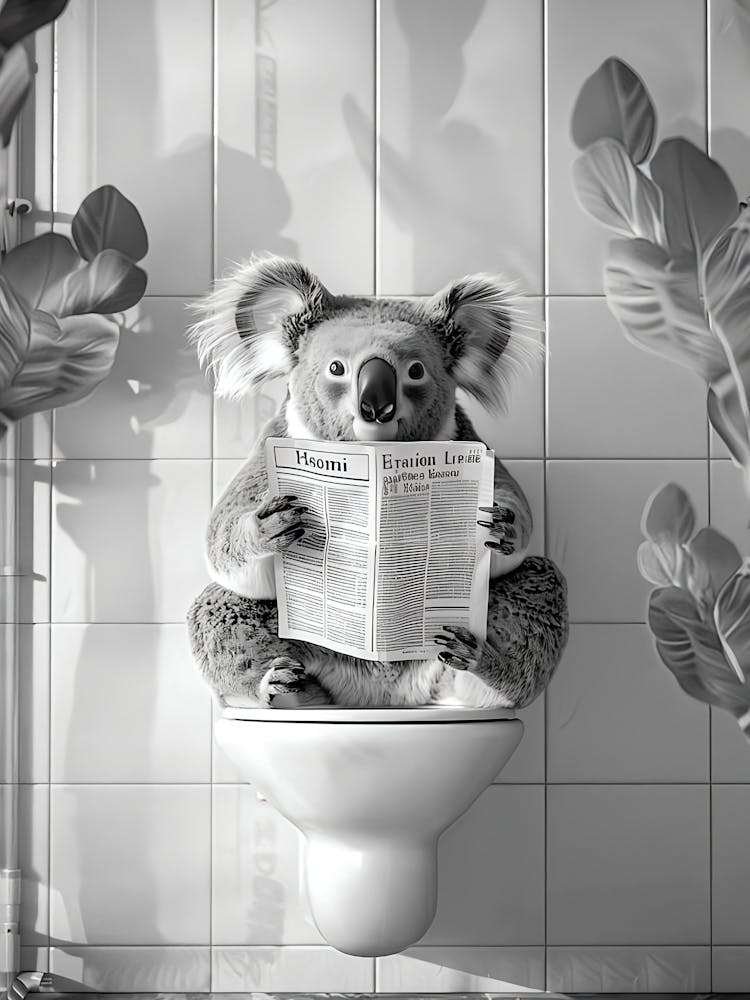 Bathroom Koala On Toilet Print, Funny Poster Bathroom Wall Art Toilet Poster Toilet Wall Art Black And White Koala Poster Bathroom Wall Art