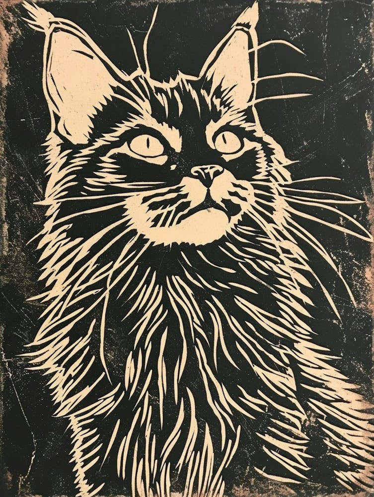 Maine Coon Linocut Blockprint 3