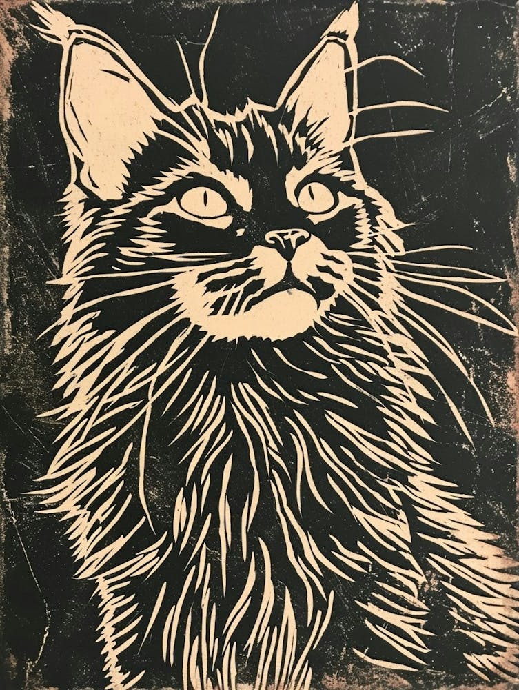 Maine Coon Linocut Blockprint 3