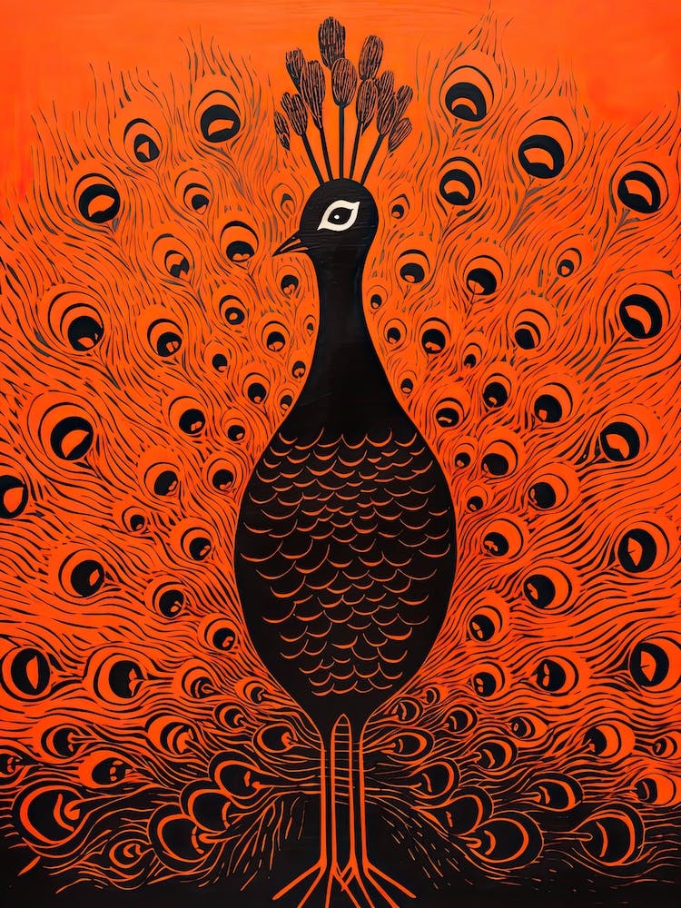 Peacock, Woodblock Animal Drawing 1