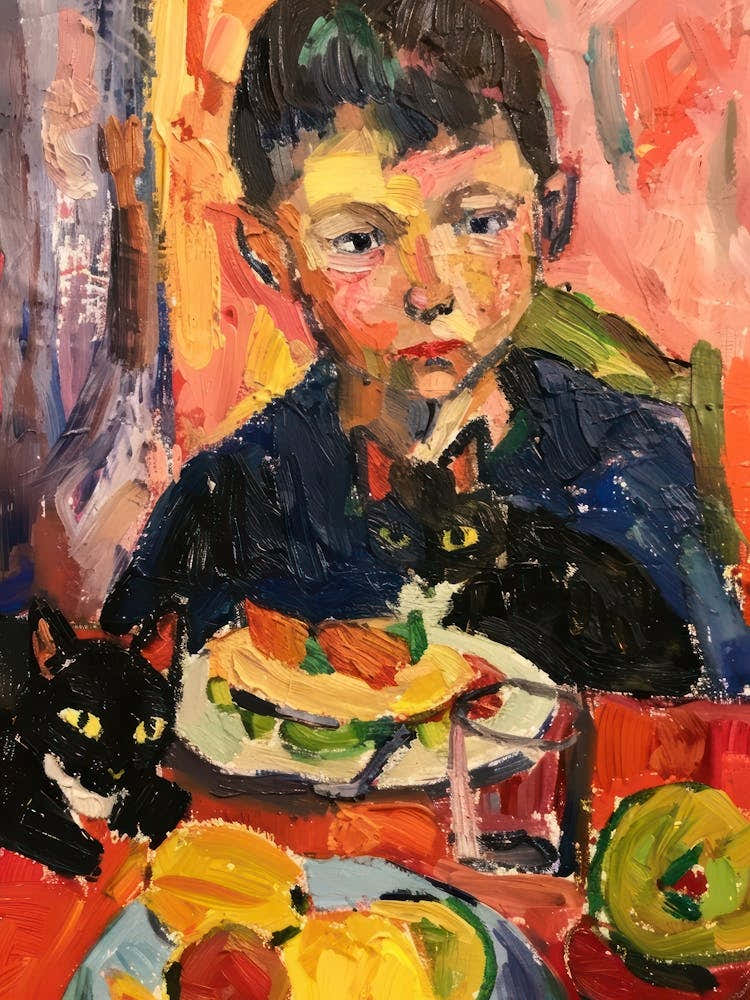 Portrait Of A Boy With Cats Having Dinner 2