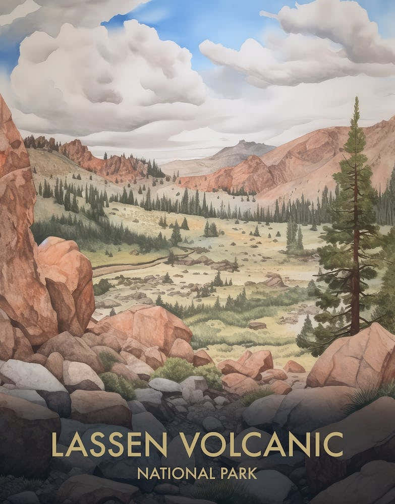 Lassen Volcanic National Park Watercolour Vintage Travel Poster 1