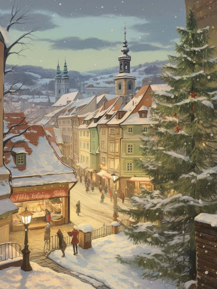 Vintage Winter Illustration Cesky Krumloy Czech Republic 2