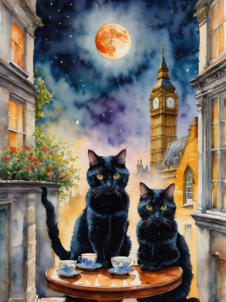 Watercolor Black Cat Friends Have Tea in London on a Full Moon