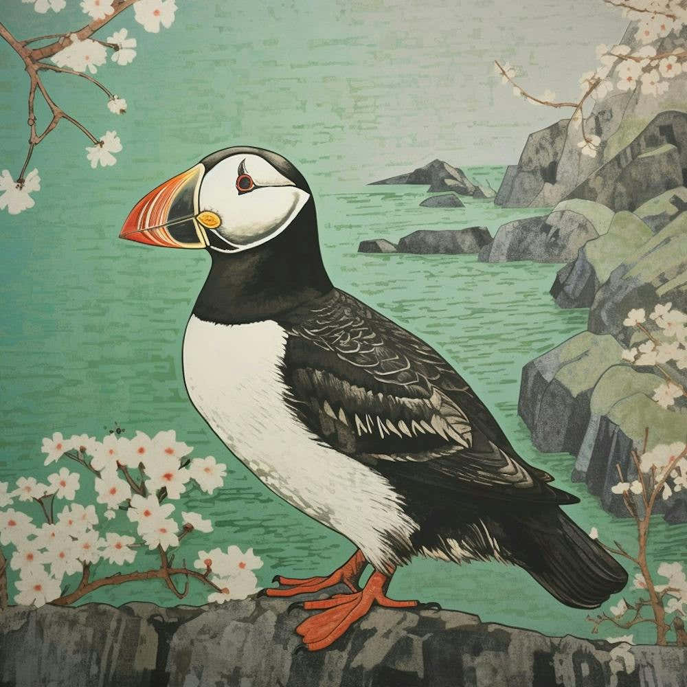 Ohara Koson Inspired Bird Painting Puffin 3 Square
