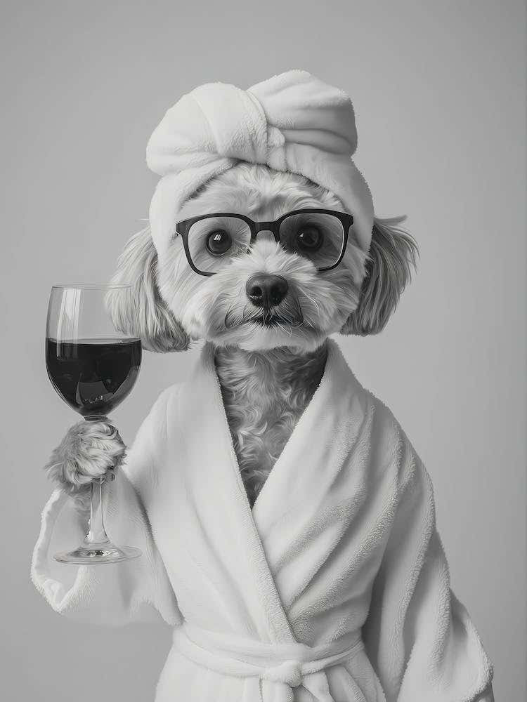 Cockapoo In Bathrobe Holding Wine Print, Black And White Wall Art, Dog Owner Gift, Pet Art, Funny Dog Poster, Bathroom Wall Decor