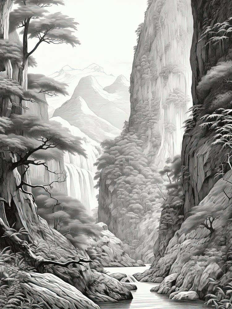 Iya Valley In Tokushima, Ukiyo E Black And White Line Art Drawing 2