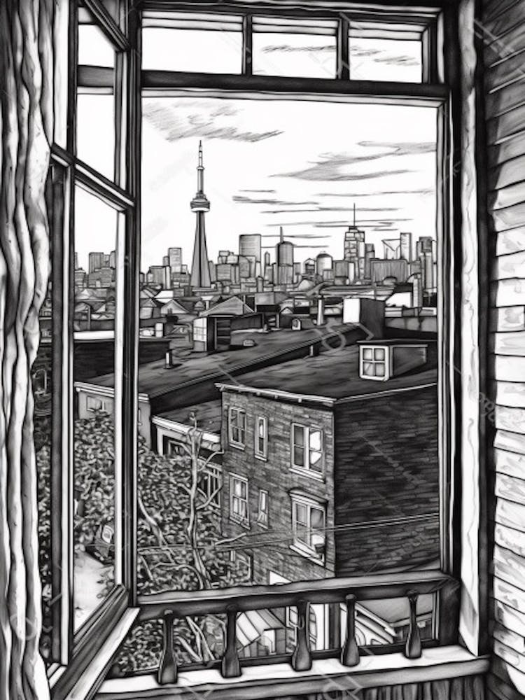 Window View Of Toronto Canada   Black And White Colouring Pages Line Art 1