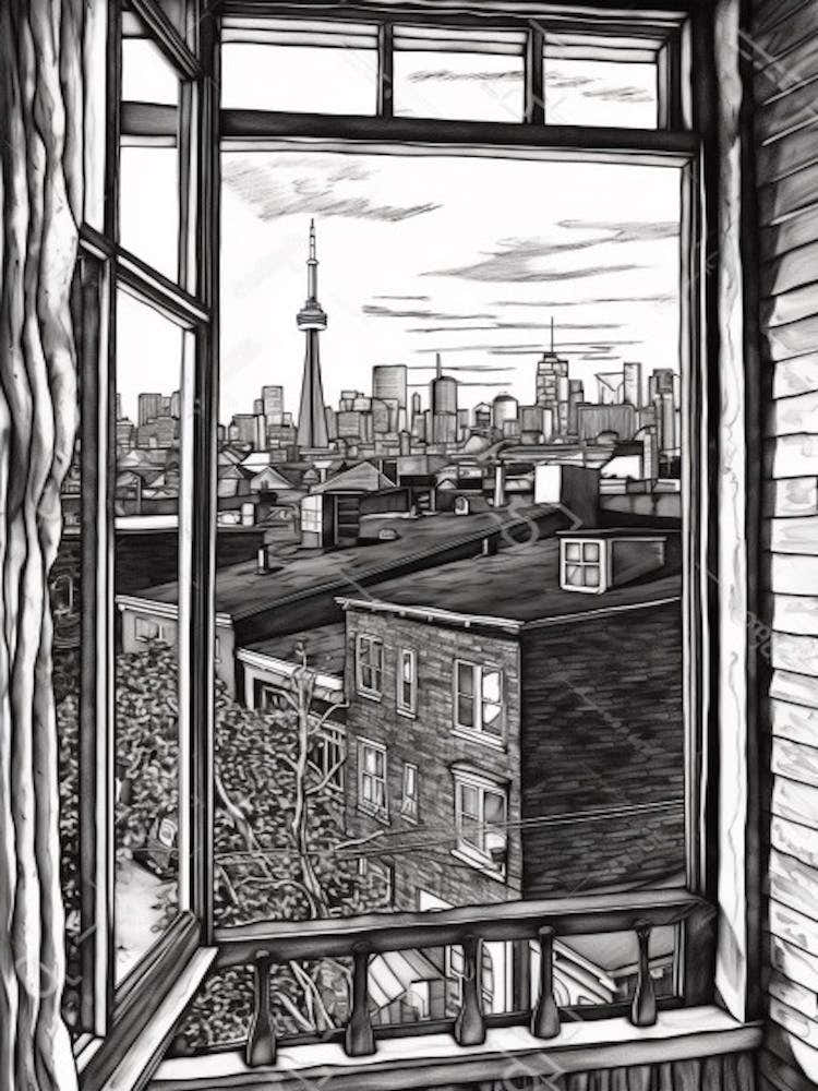 Window View Of Toronto Canada   Black And White Colouring Pages Line Art 1