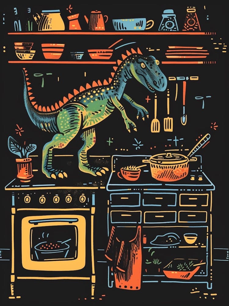 Dinosaur Cooking In The Kitchen Pastel Neon