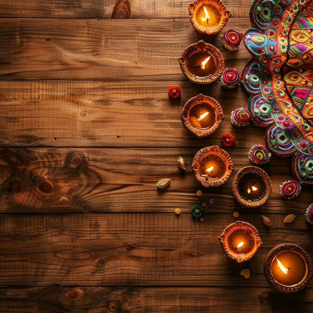 Diwali Themed Wooden Table From Above Showcasing
