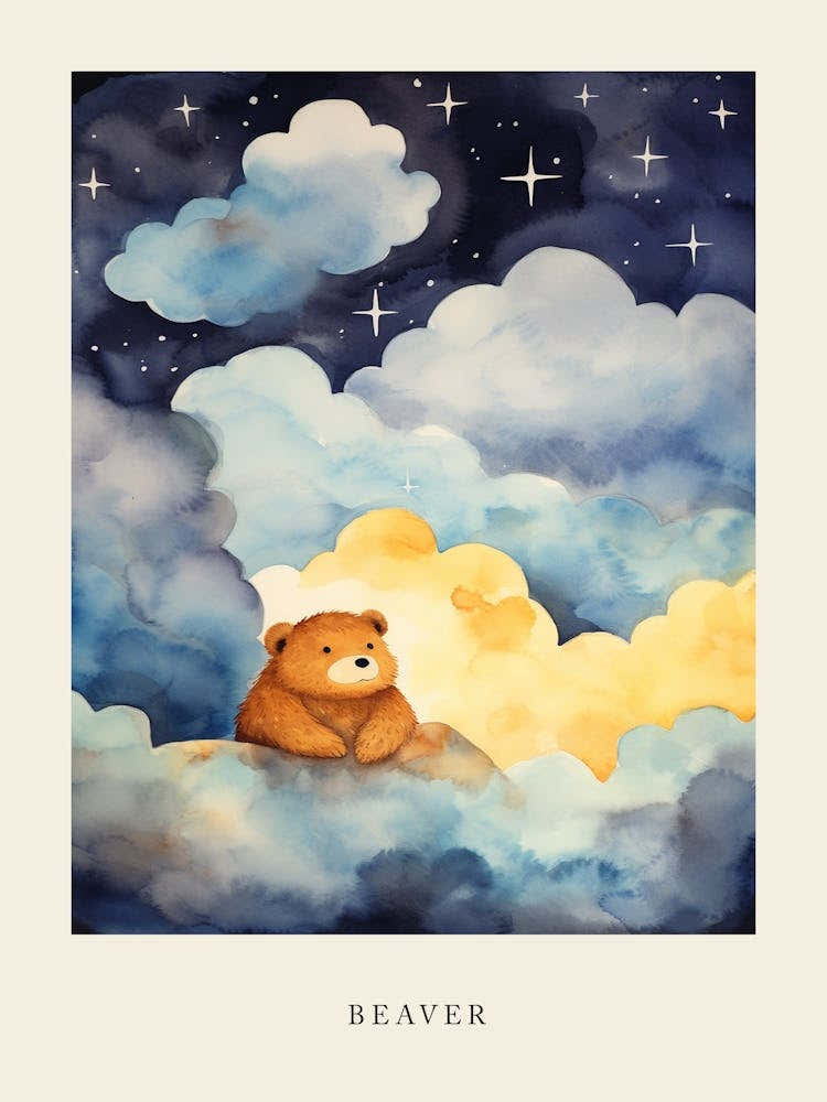 Baby Beaver Sleeping In The Clouds Nursery Poster