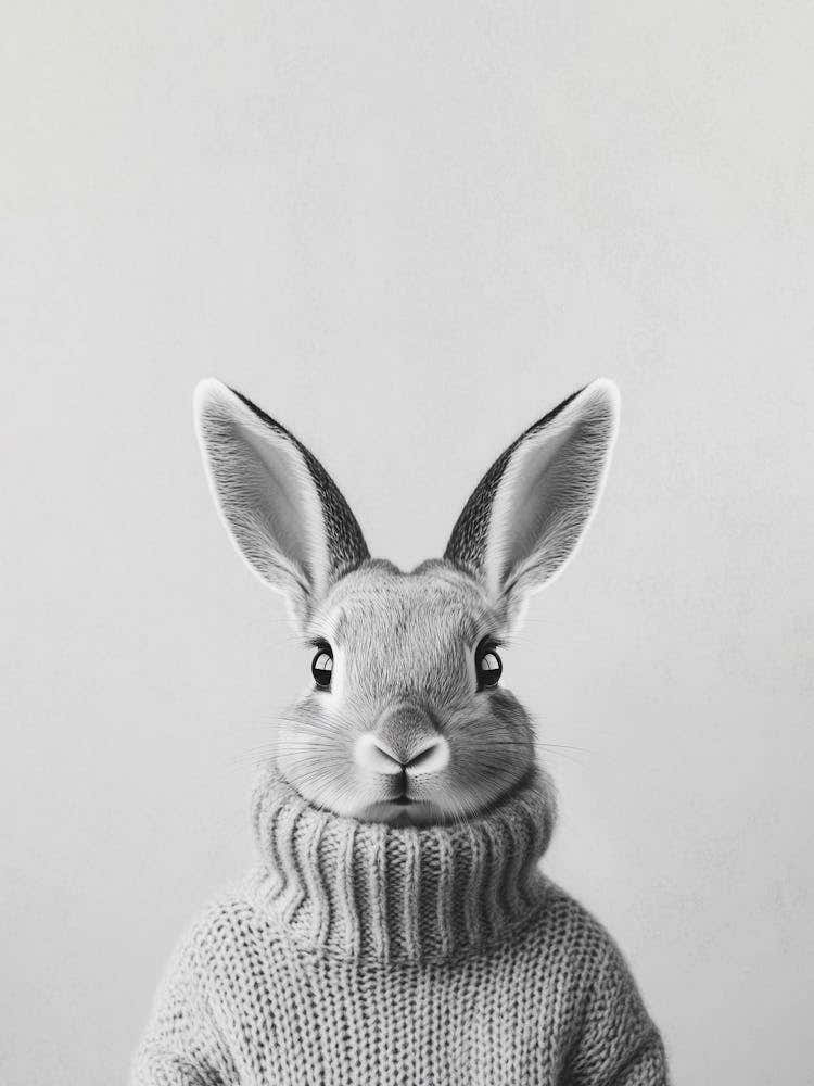 Hase mit Wollpulli Schwarz-Weiß Foto, minimalistisches Kaninchen Porträt