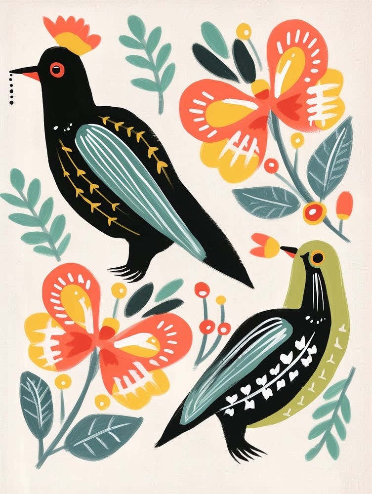 Folk Style Bird Painting Blackbird 1