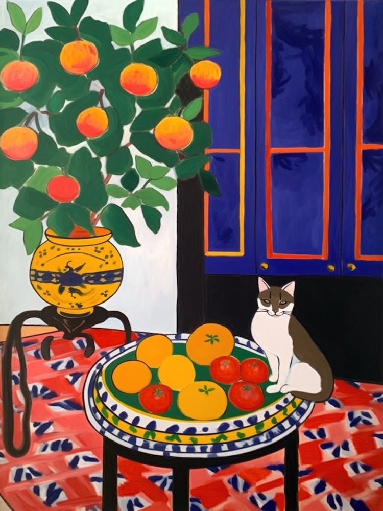 A Painting Of A Still Life Of A Bourvardia With A Cat In The Style Of Matisse 1