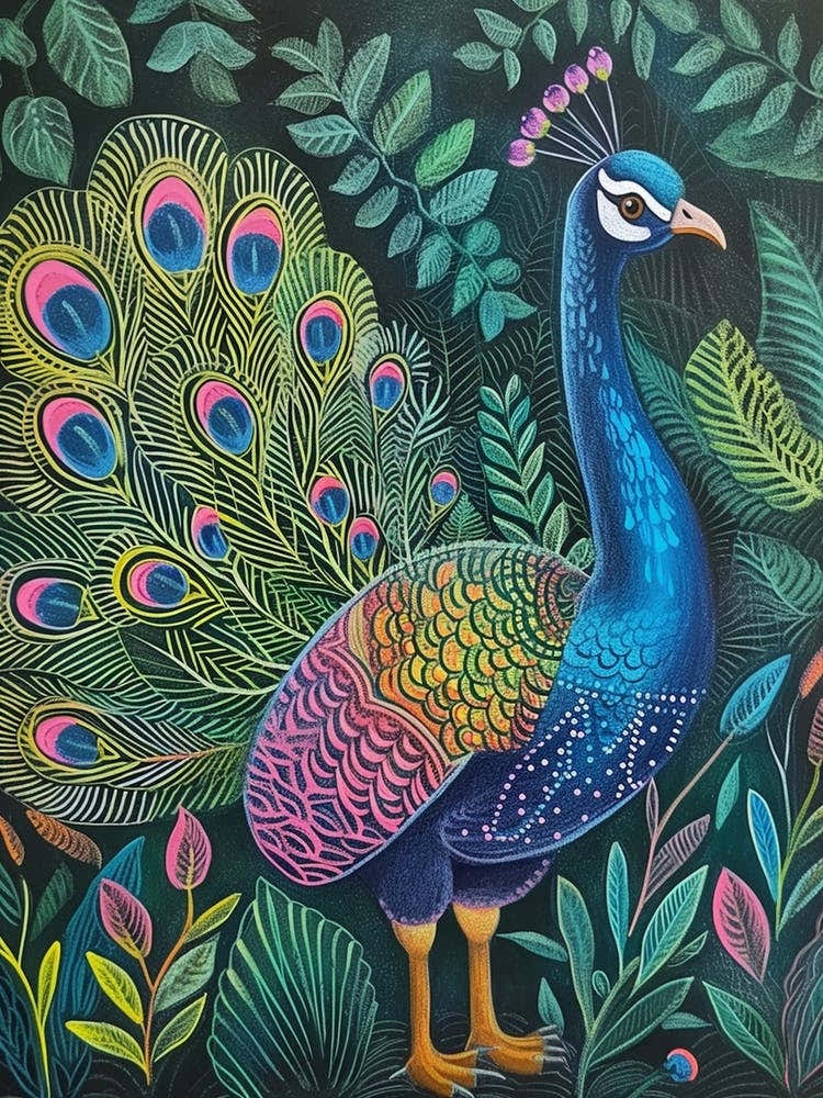 Folky Floral Peacock With Its Feathers Open 2