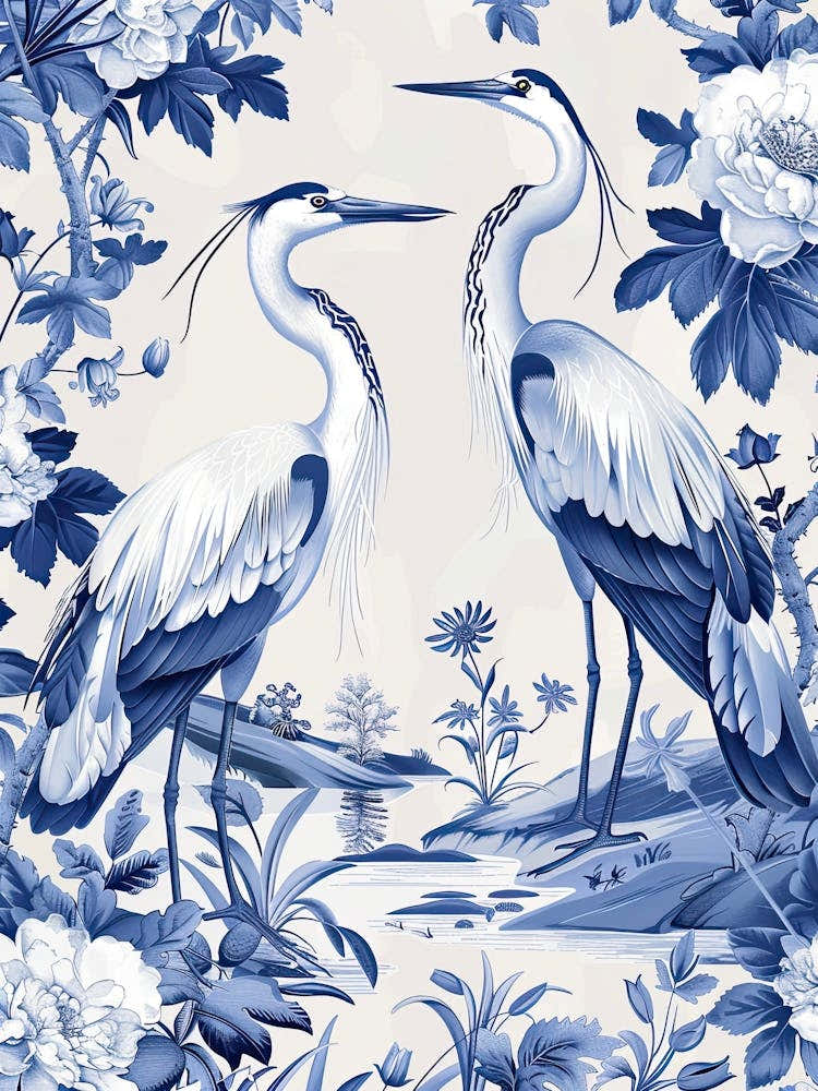 William Morris Style Heron Stalk Blue White