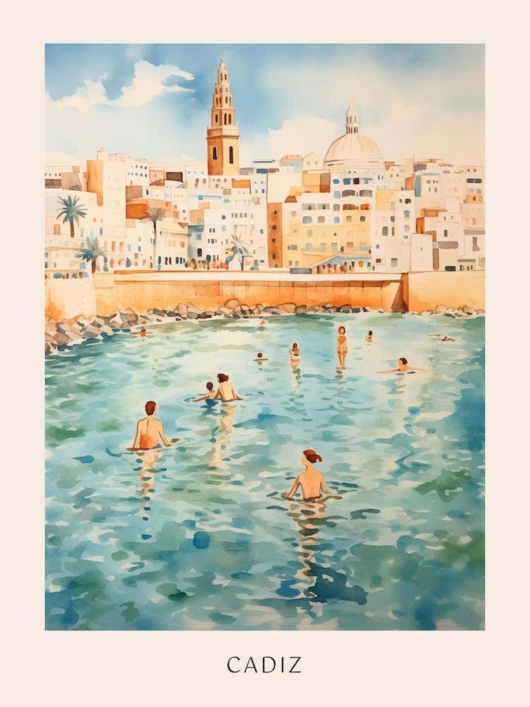 Swimming In Cadiz Spain Watercolour Poster