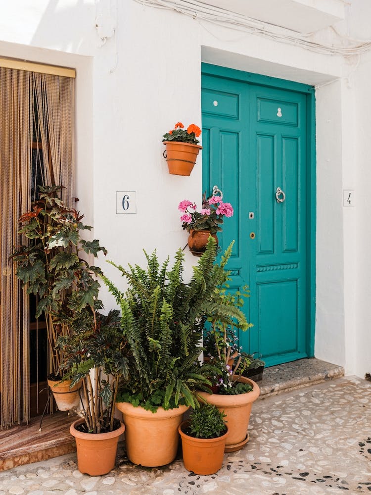 Turquoise Door With Potted Plants, Frigiliana, Spain