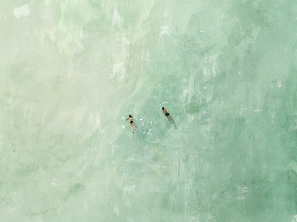 Couple Swimming In Quiet Ocean Minimalist Watercolor Print Zen Bedroom Wall Art, Coastal Aesthetic Abstract Seascape Art for Spa Bathroom, Modern Beach Art for Contemporary Living Room and Entryway