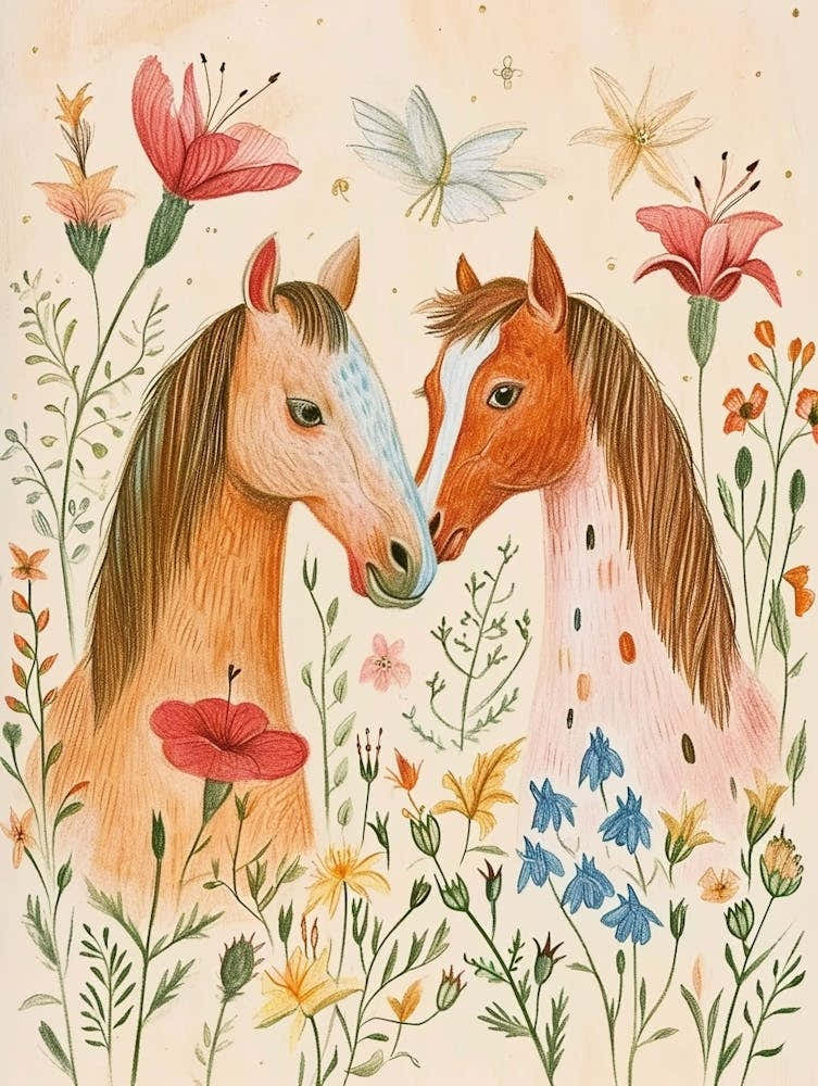 Folksy Floral Animal Drawing Horse