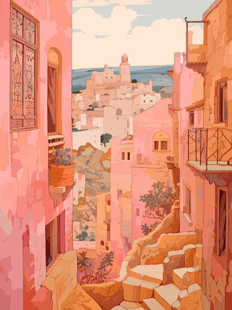 Gozo Malta 1 Vintage Pink Travel Illustration
