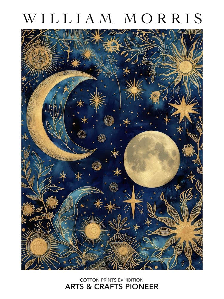William Morris Print Moon Stars Celestial Poster Vintage Wall Art Textiles Art Vintage Poster