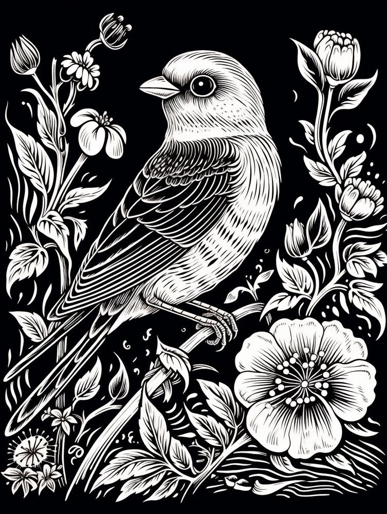 B&W Bird Linocut American Goldfinch 2