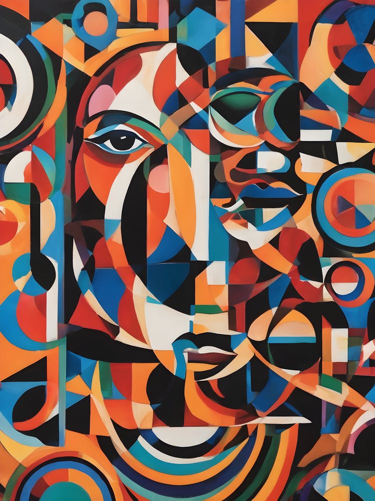 Multitude - Abstract Art Deco Geometric Shapes Oil Painting Modernist Picasso Inspired Bold Gold Green Turquoise Red Face Visionary Fantasy Style Wall Decor Surrealism Trippy Cool Room Art Invoke Psychedelic