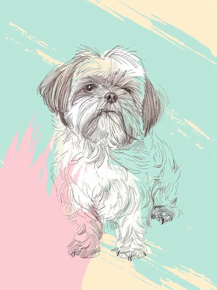 Shih Tzu Dog Pastel Line Watercolour Illustration  2