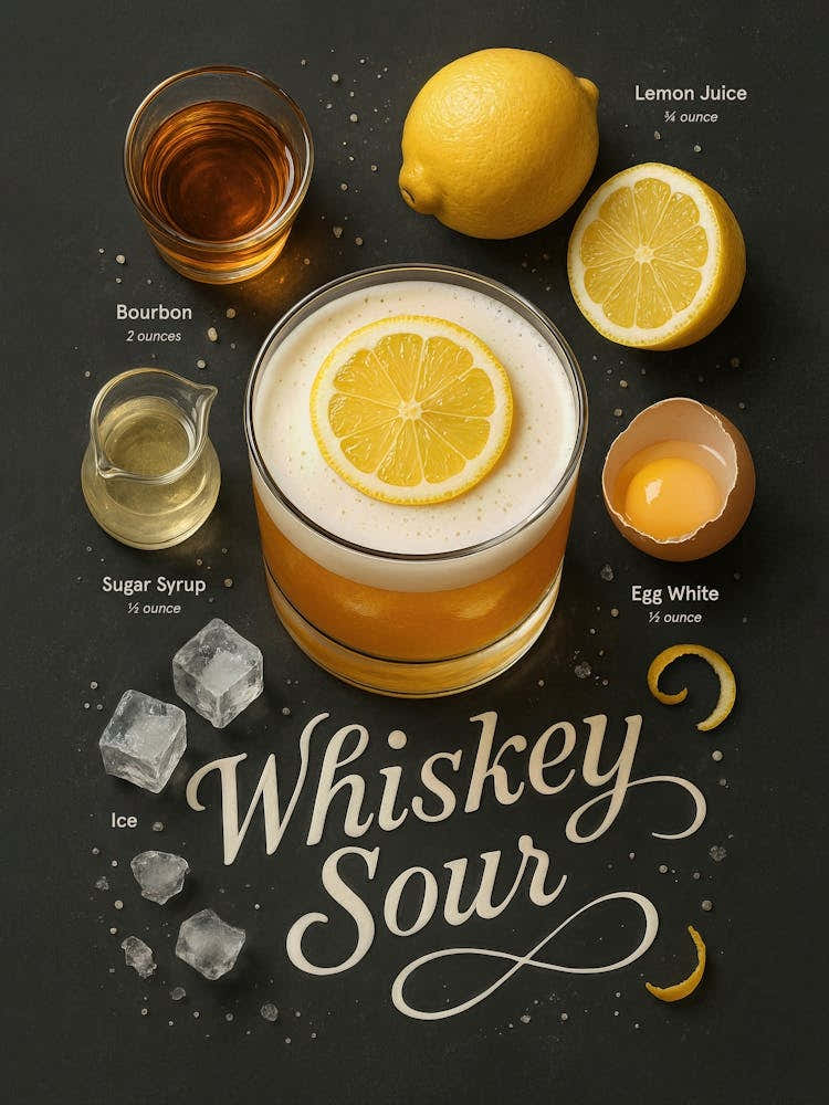 Whiskey Sour Cocktail Poster – Bourbon and Lemon: A creamy, citrusy classic with bourbon, lemon, and rich whiskey flavor. This elegant kitchen or bar poster showcases the perfect whiskey sour recipe – ideal for pub lovers, cocktail fans, and anyone into s