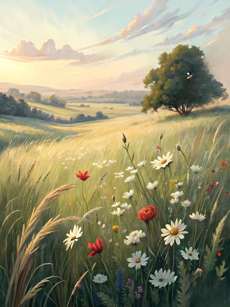 Oil Painting Style Wildflower Meadow at Sunset Tranquil Rural Landscape