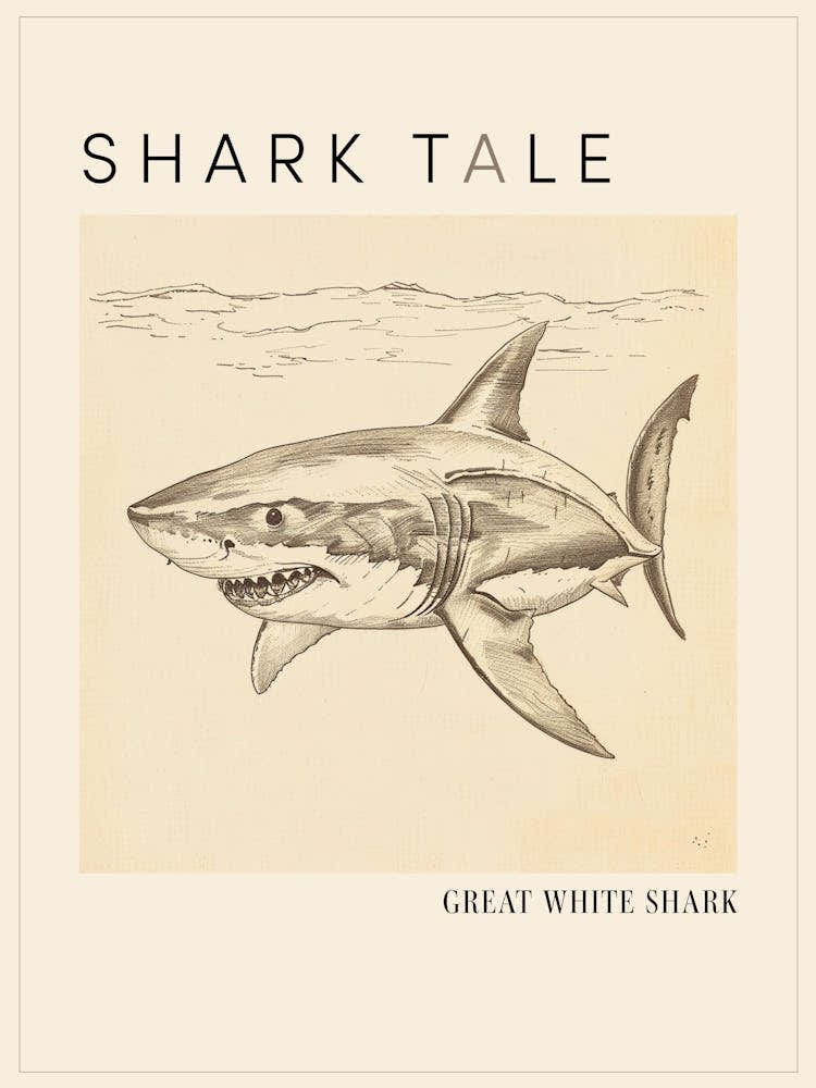 Great White Shark Vintage Illustration Poster