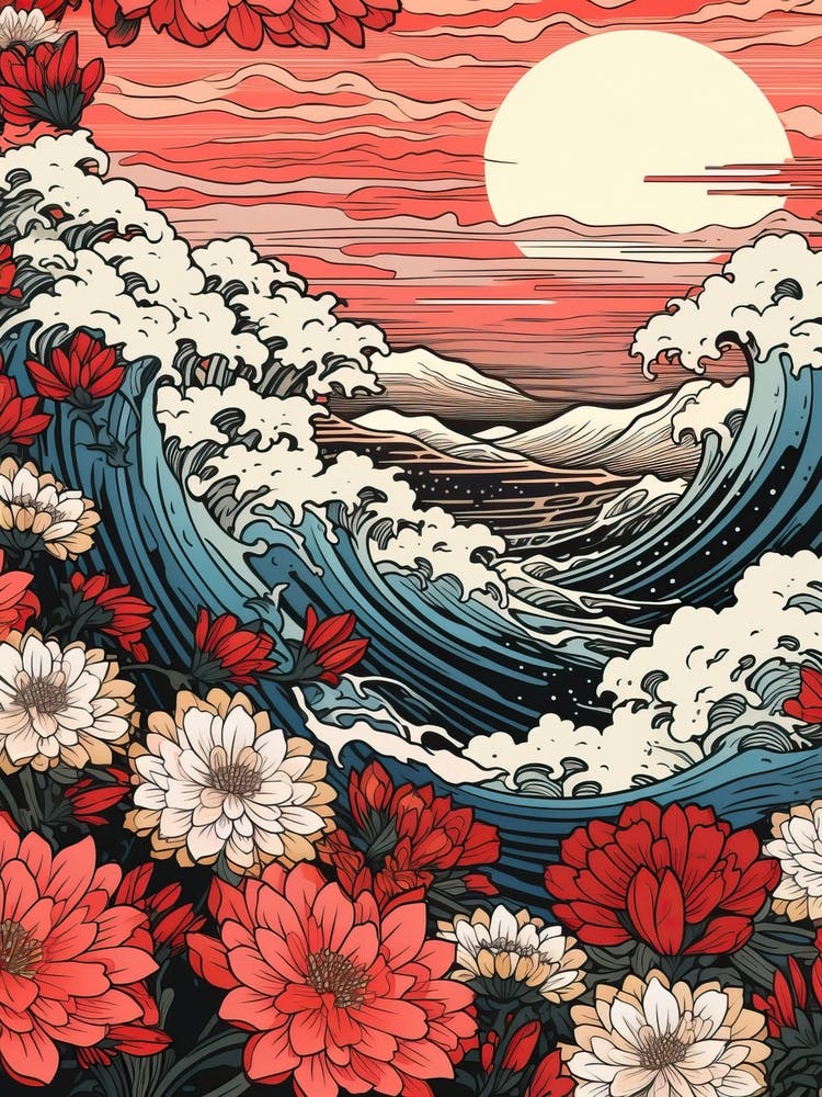 Great Wave With Cosmos Flower Drawing In The Style Of Ukiyo E 1