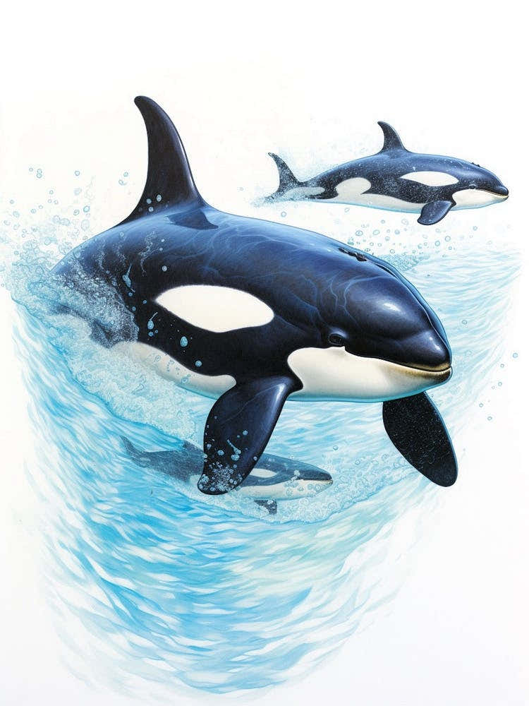 Blue Realistic Illustration Of Three Orca Whales