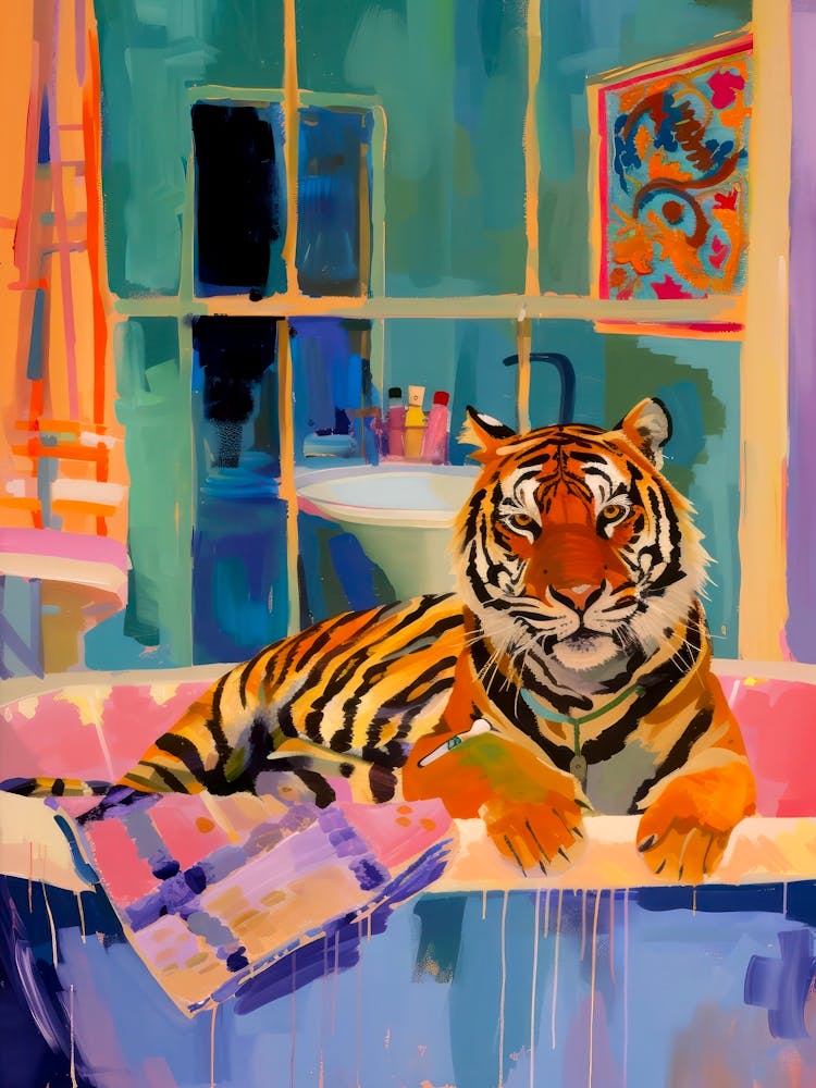 Tiger In A Bath Print Maximalist Bathroom Wall Art Pink Kitsch